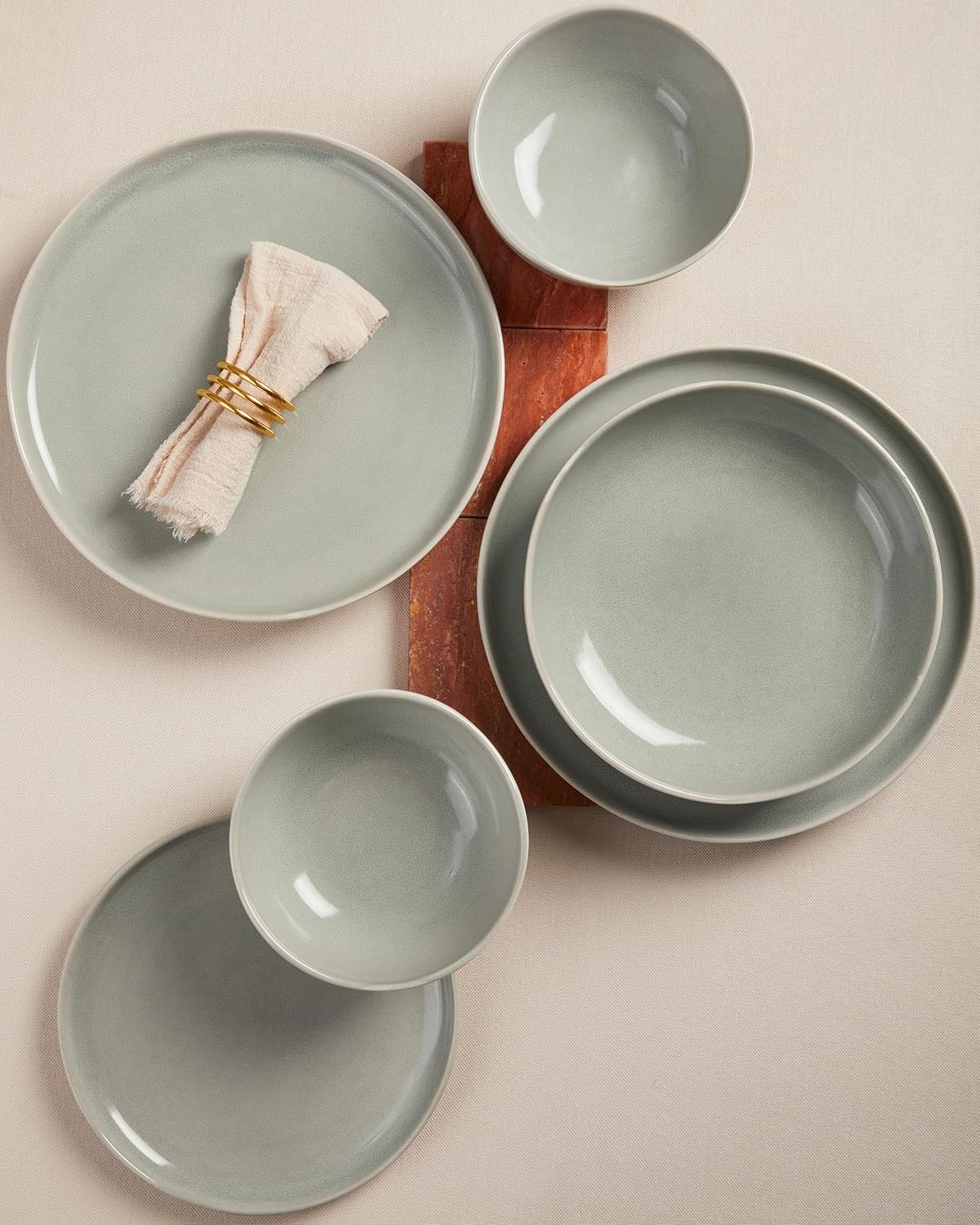 Pokini 32 Piece Dinnerware Set for 8 with Pasta Bowls, Gray Green Reactive Glaze Stoneware | All‑in‑One Host Set for Entertaining, Holiday Meals, Multi‑Course Dish Set | Unique Irregular Look