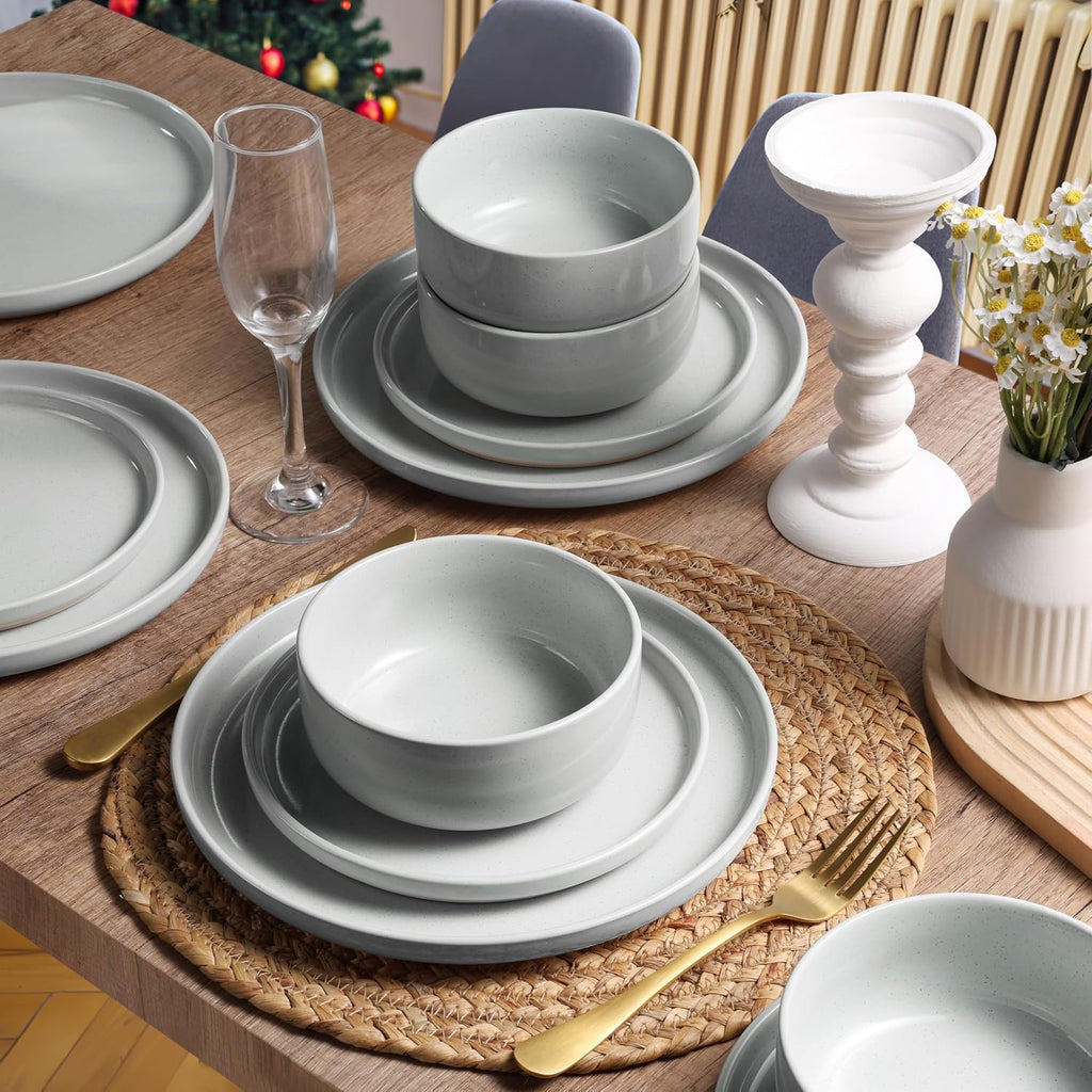 HaWare 24-Piece Plates and Bowls Set for 6, Stoneware Dinnerware Sets with Pasta Bowl, Dishes Set for Home Restaurant, Speckled Misty Grey