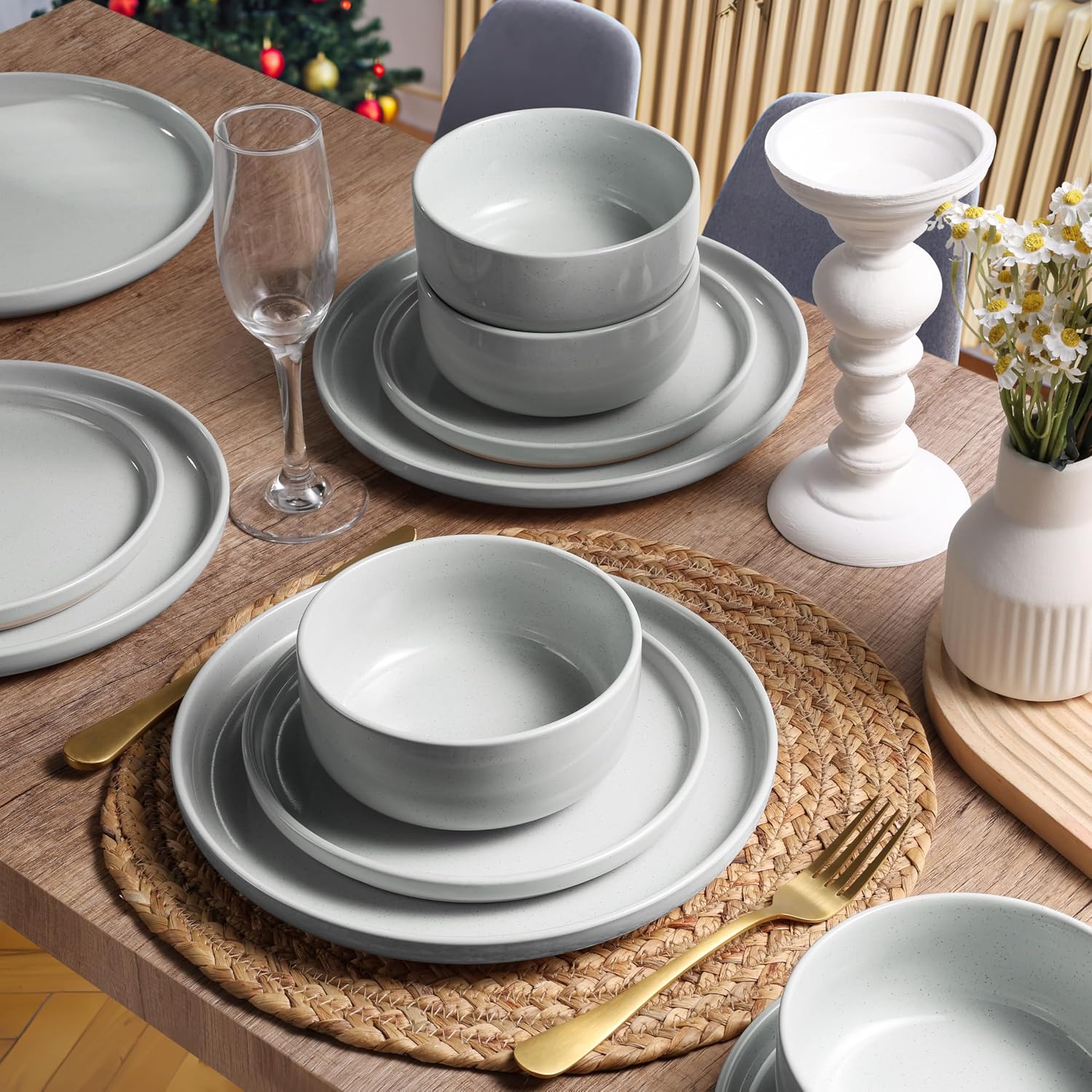 HaWare 24-Piece Plates and Bowls Set for 6, Stoneware Dinnerware Sets with Pasta Bowl, Dishes Set for Home Restaurant, Speckled Misty Grey