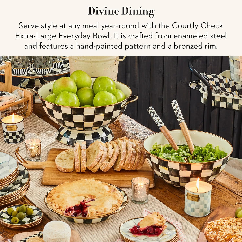 MACKENZIE-CHILDS Enamel Everyday Bowl, Serving Bowl for Entertaining, Extra-Large, Black-and-White Courtly Check, Set of 1