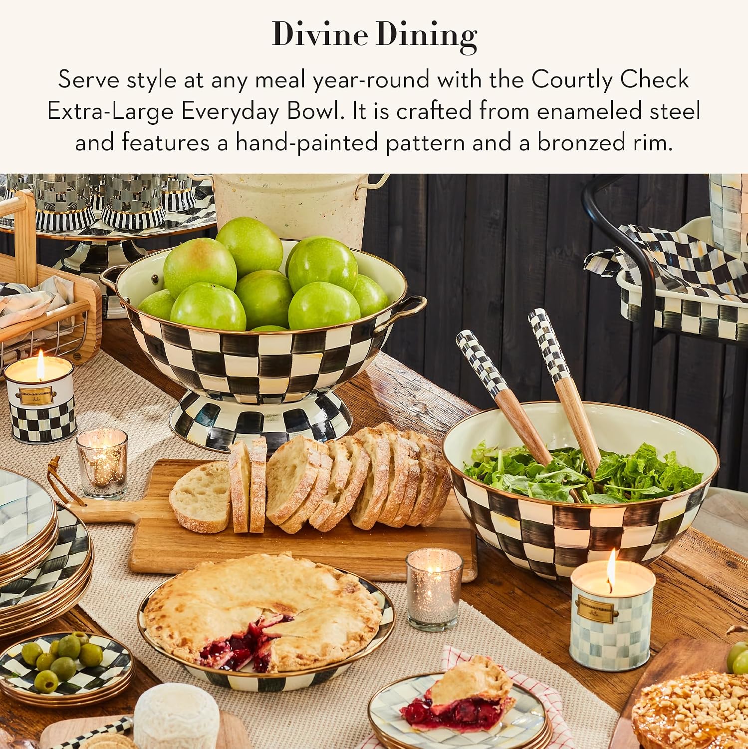 MACKENZIE-CHILDS Enamel Everyday Bowl, Serving Bowl for Entertaining, Extra-Large, Black-and-White Courtly Check, Set of 1