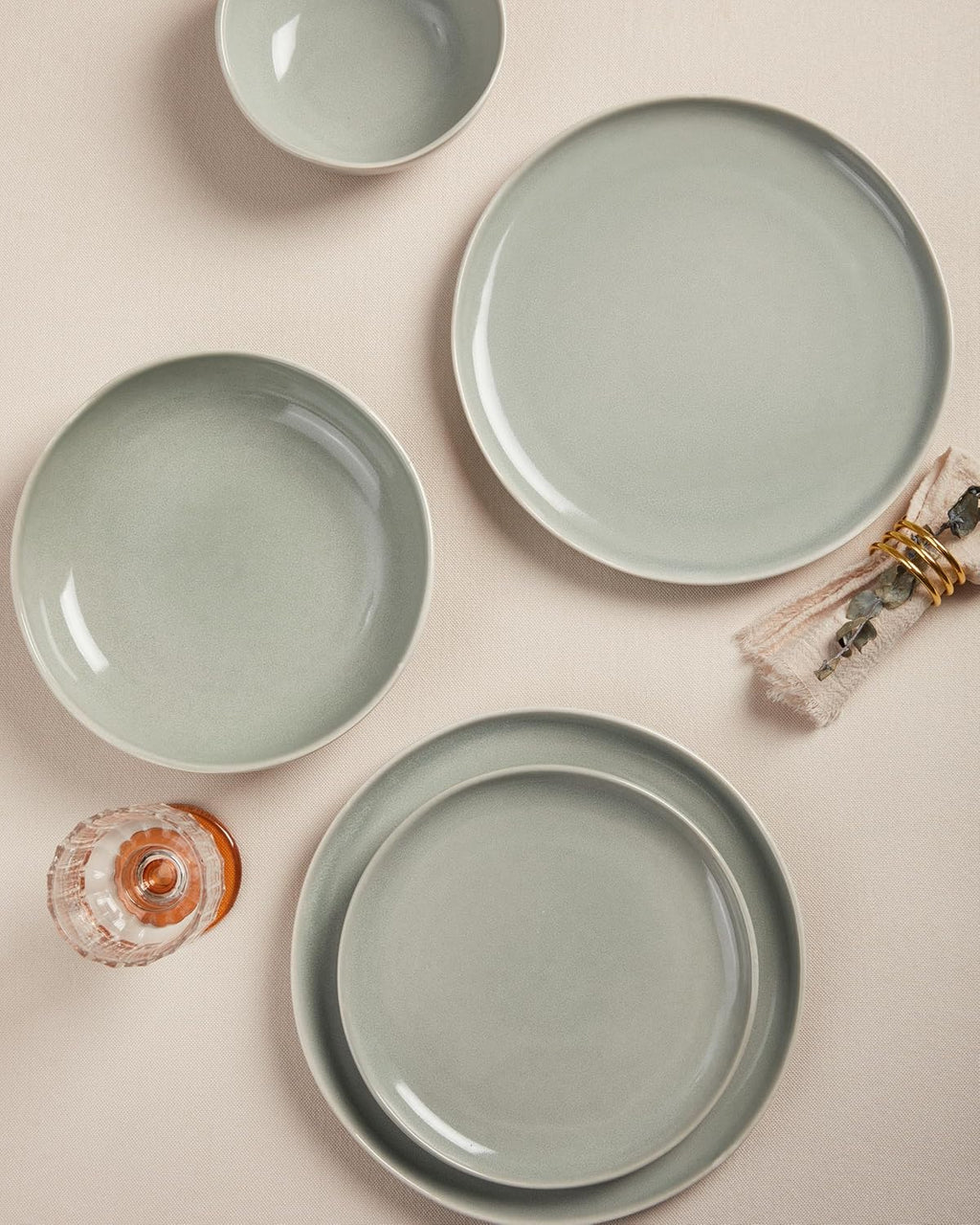 Pokini 24 Pieces Dinnerware Set for 6 with Pasta Bowls, Complete Ceramic Dish Set, Stackable & Glossy Stoneware Plate and Bowl Set for Effortless Everyday Hosting, Gray Green