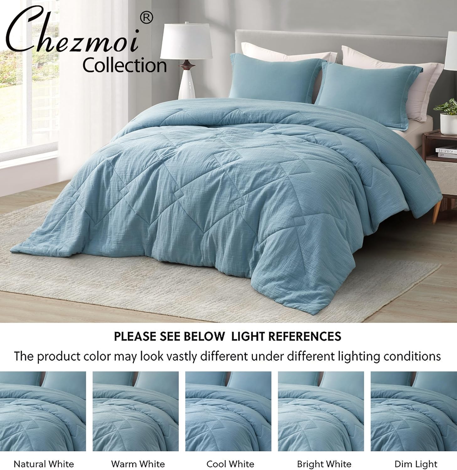 Chezmoi Collection Skye 3-Piece 100% Cotton Muslin Thin Comforter Set Oversized King, Lake Blue Reversible Soft Washed Cotton Gauze Breathable Lightweight Comforter, 130GSM Fill Summer Blanket