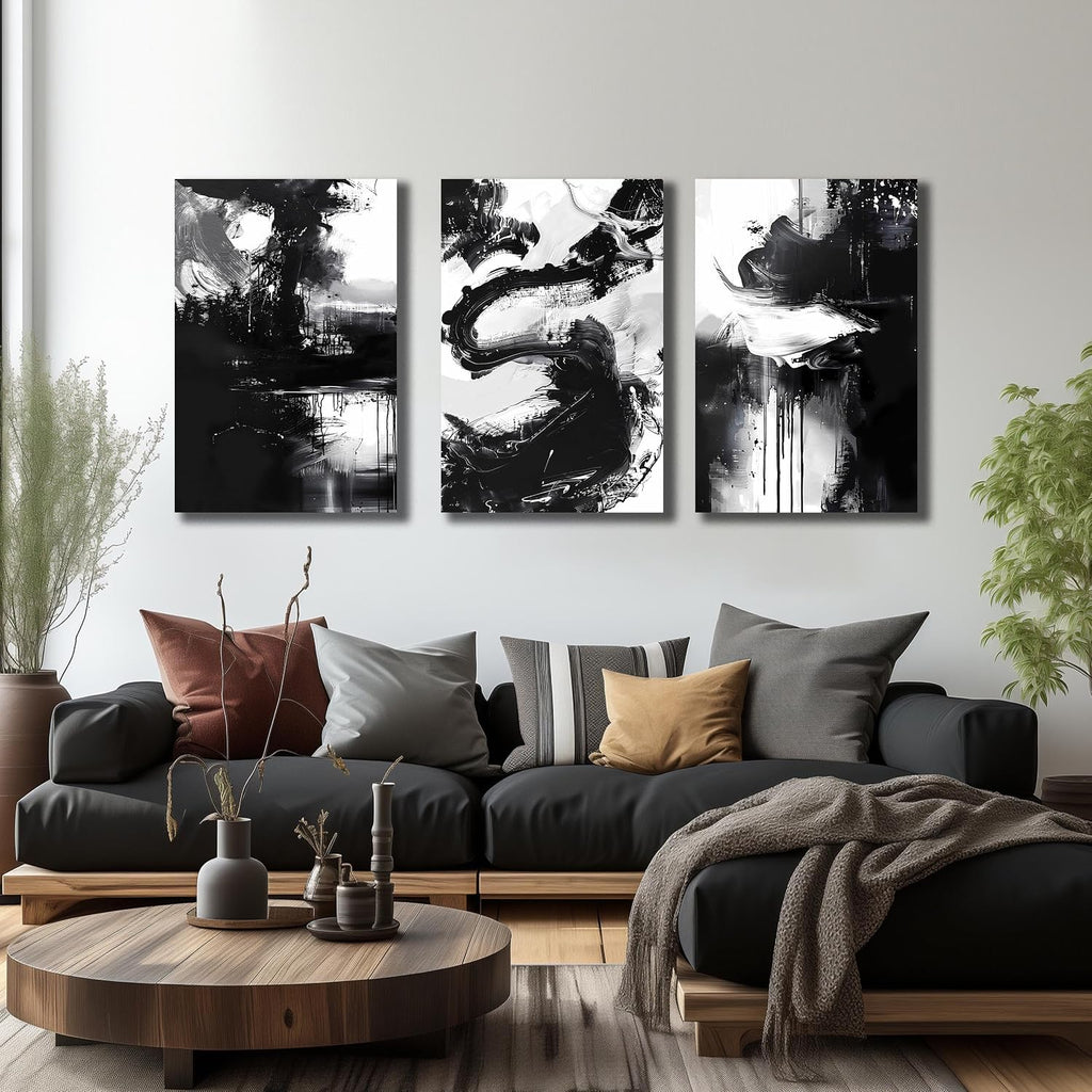 DNIEOTU Abstract Canvas Wall Art for Living Room, Black and White Wall-Decor for Bedroom, Modern Ink - Style Paintings for Hallway Office, Size 24 x 36 Inches 3-Piece