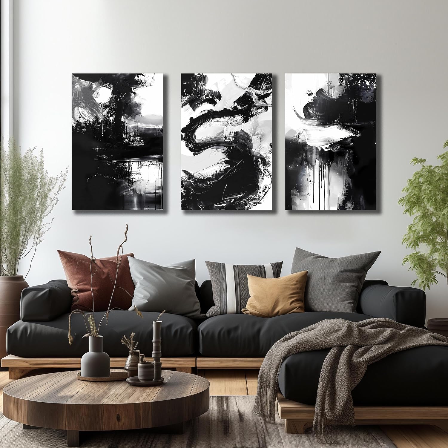 DNIEOTU Abstract Canvas Wall Art for Living Room, Black and White Wall-Decor for Bedroom, Modern Ink - Style Paintings for Hallway Office, Size 24 x 36 Inches 3-Piece