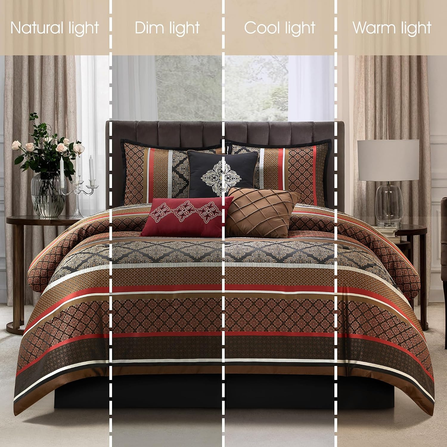Grand Avenue Red Geometric Queen Comforter Set, 7 Piece, Jacquard Bedding Sets & Collections, Matching Shams, Bedskirt, Decorative Pillows