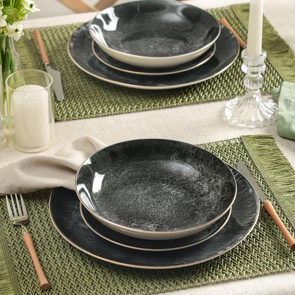 Christian Siriano Onyx 24-Piece Dinnerware Set Porcelain, Plates and Bowls Set, Hand Wash Dish, Dish Set for 8, Black and Gold