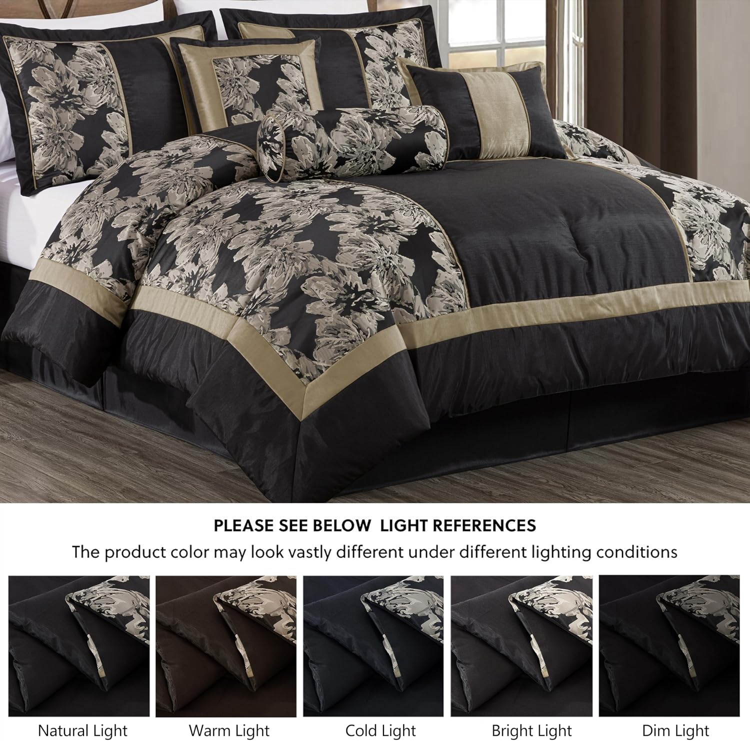 Chezmoi Collection Cameron Comforter Set Oversized King Size, 7-Piece Black Gold Hibiscus Floral Jacquard Bedding Set