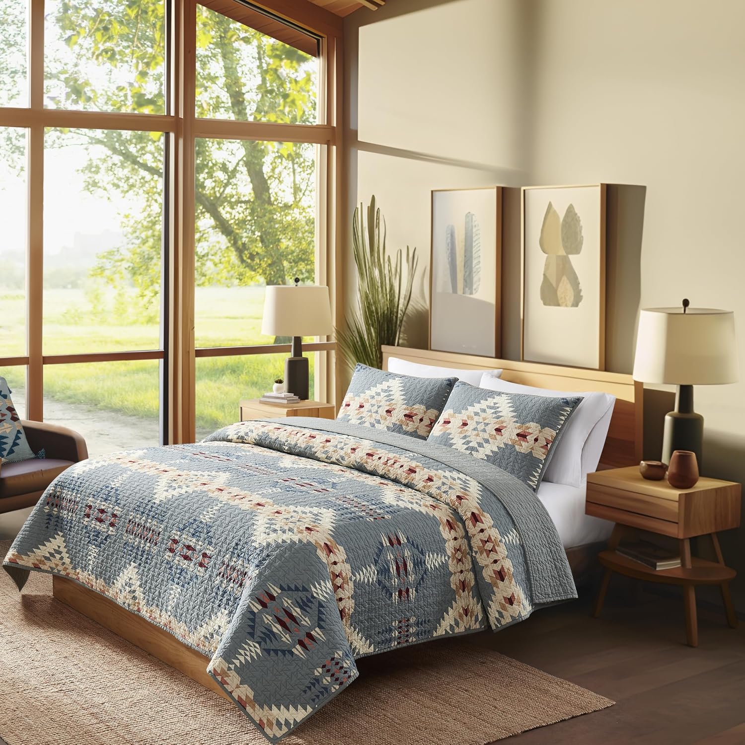 Pendleton Full/Queen Quilt Set – 100% Cotton 3 Piece Quilt Set with Shams, Soft Lightweight Bedding for Queen Size Bed, Light Blue Patterned Comforter Alternative, Queen Bedding Set (Rancho Arroyo)
