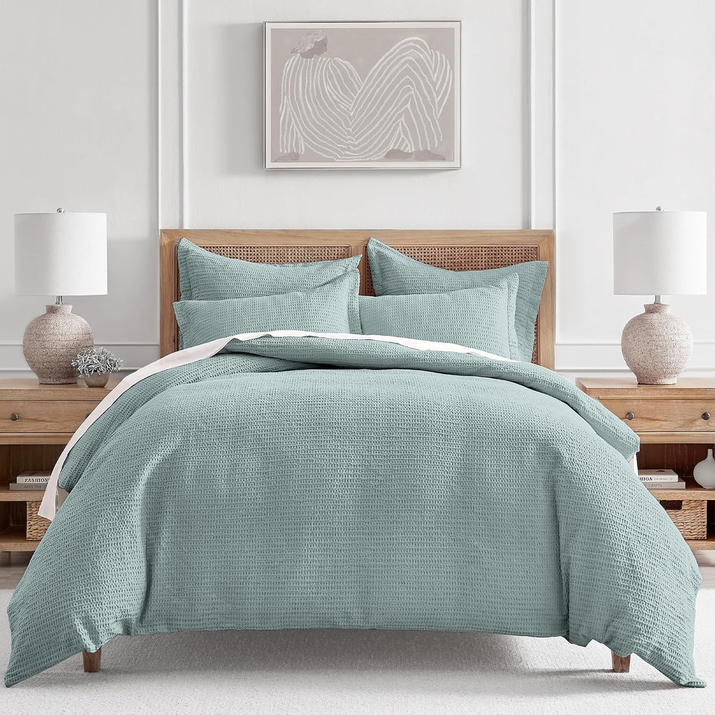Levtex Home - Cloud Waffle Blue Haze Duvet Cover Set - Full/Queen Duvet Cover + Two Standard Pillow Cases - Waffle Weave - Blue Haze - Duvet Cover (90 x 94in.) and Pillow Case (26 x 20in.) - Cotton