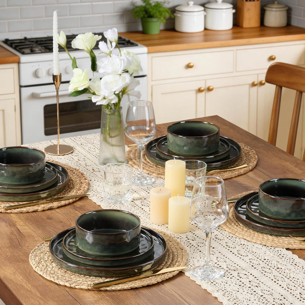 LIANYU Stoneware Dinnerware Dishes Sets for 8, 24 Piece Plates and Bowls Dishware Set, Ceramic Dinning Ware Includes Dinner Salad Plates, Cereal Bowls, Chip & Scratch Resistant,Moss Green