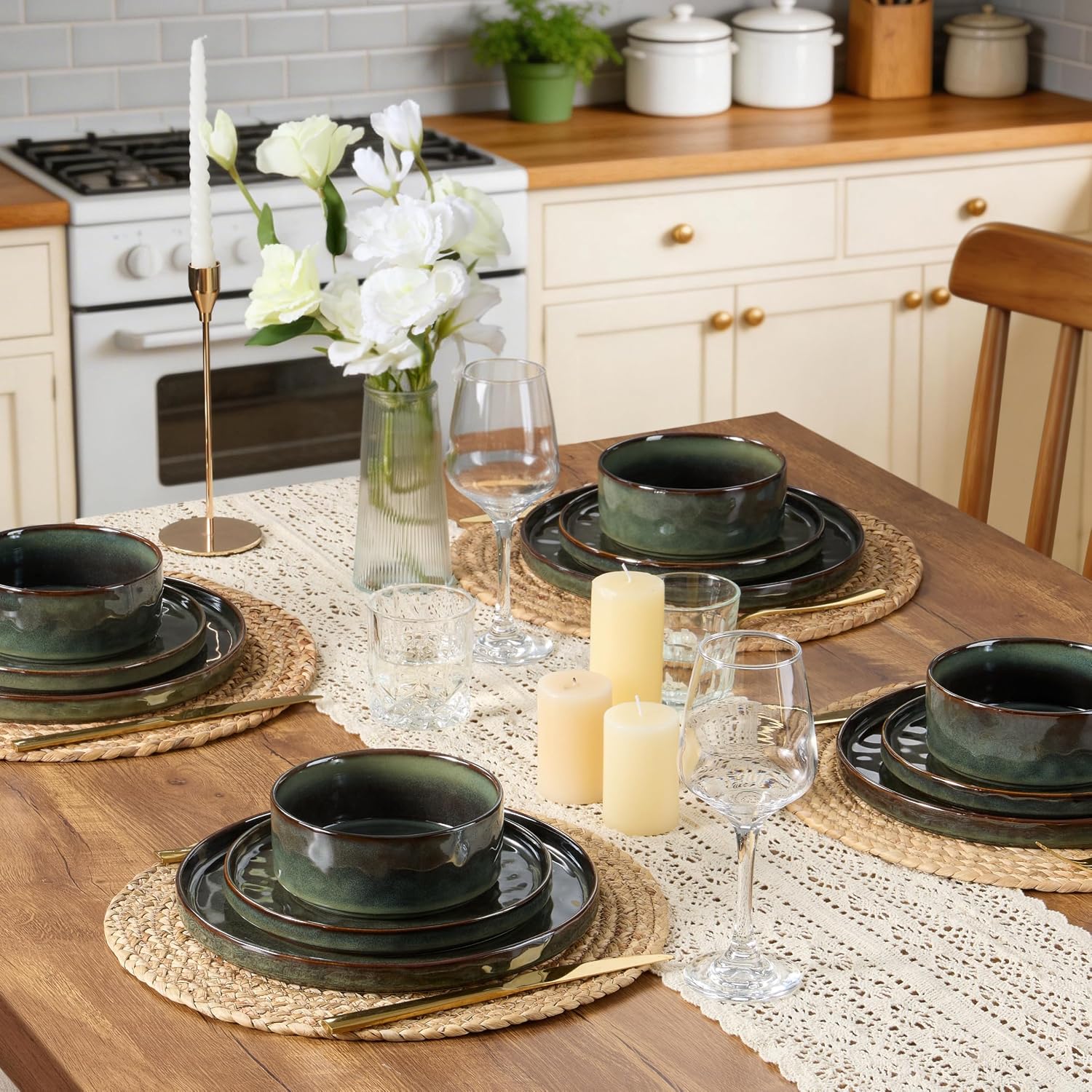 LIANYU Stoneware Dinnerware Dishes Sets for 8, 24 Piece Plates and Bowls Dishware Set, Ceramic Dinning Ware Includes Dinner Salad Plates, Cereal Bowls, Chip & Scratch Resistant,Moss Green