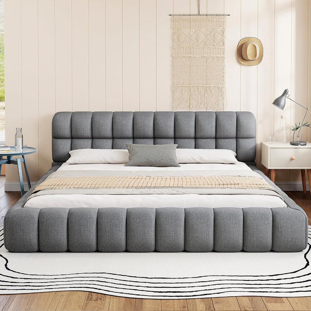 King Size Upholstered Platform Bed with Thick Fabric, Grounded Bed with Solid Frame, Gray