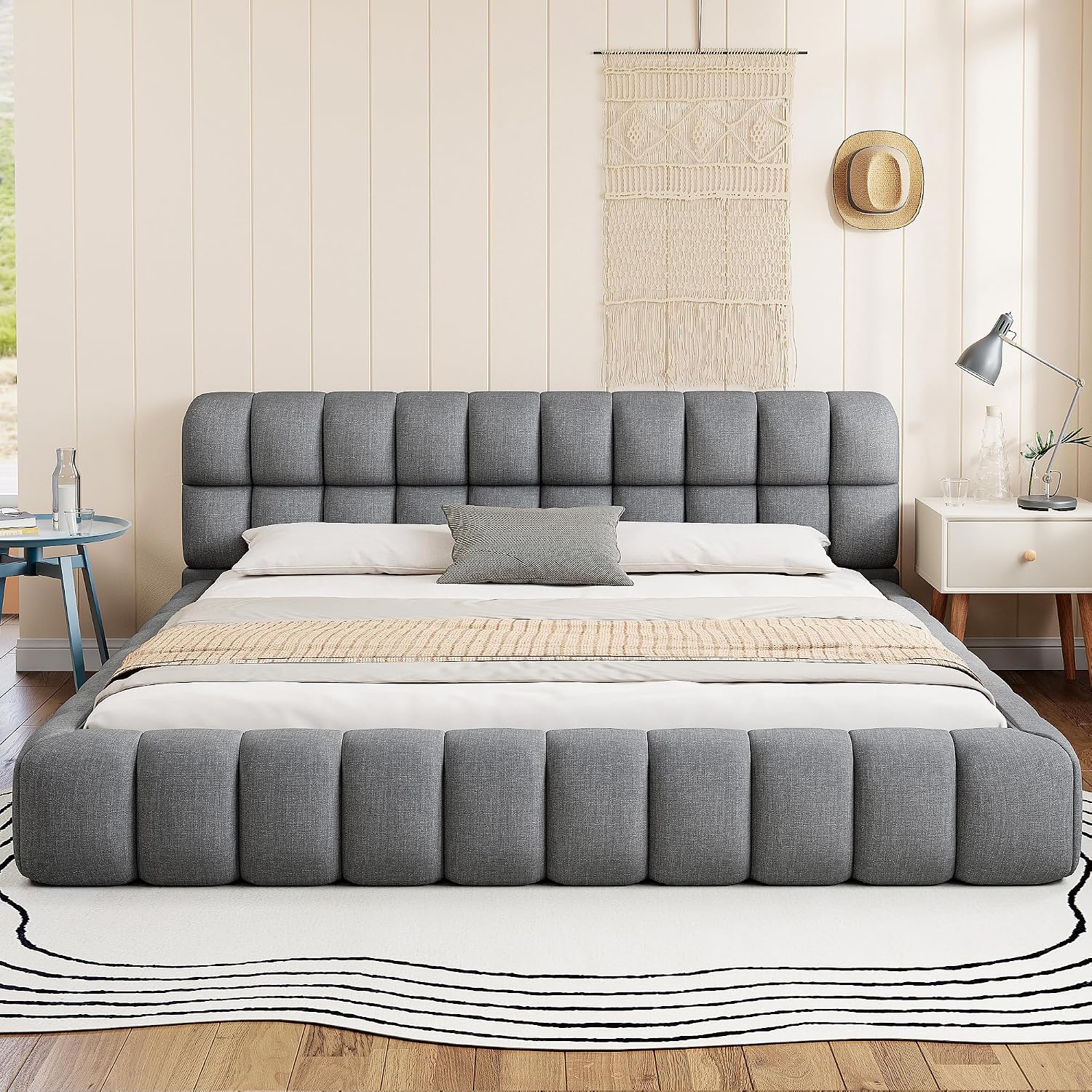King Size Upholstered Platform Bed with Thick Fabric, Grounded Bed with Solid Frame, Gray