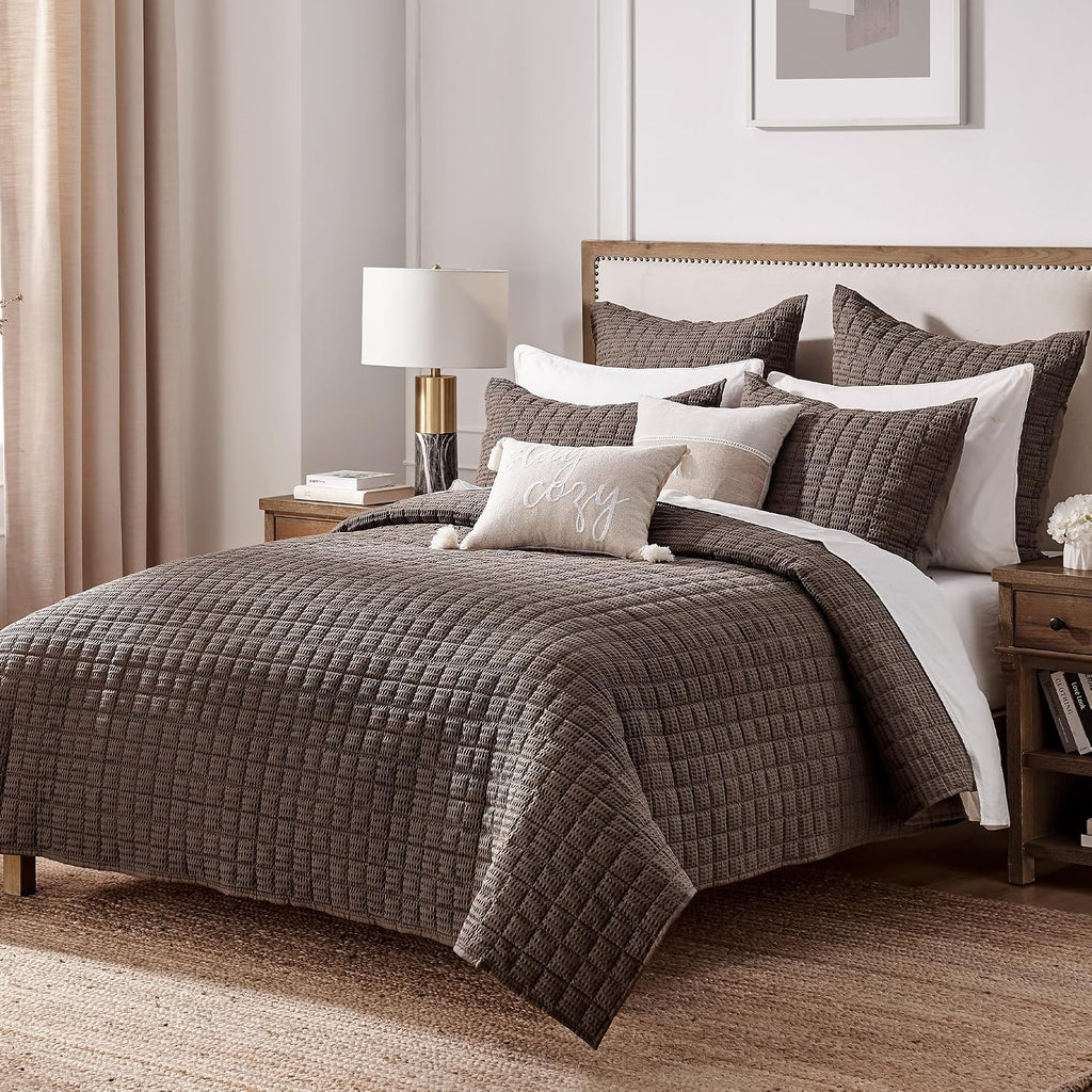 Levtex Home Cloud Waffle Full/Queen Quilt Set (88x92in) and 2 Pillow Shams (26x20in) - Box Quilted Waffle Texture - Cocoa - Cotton Full/Queen Size Quilt Bedding Set - Lightweight Soft Pre-Washed | Textured