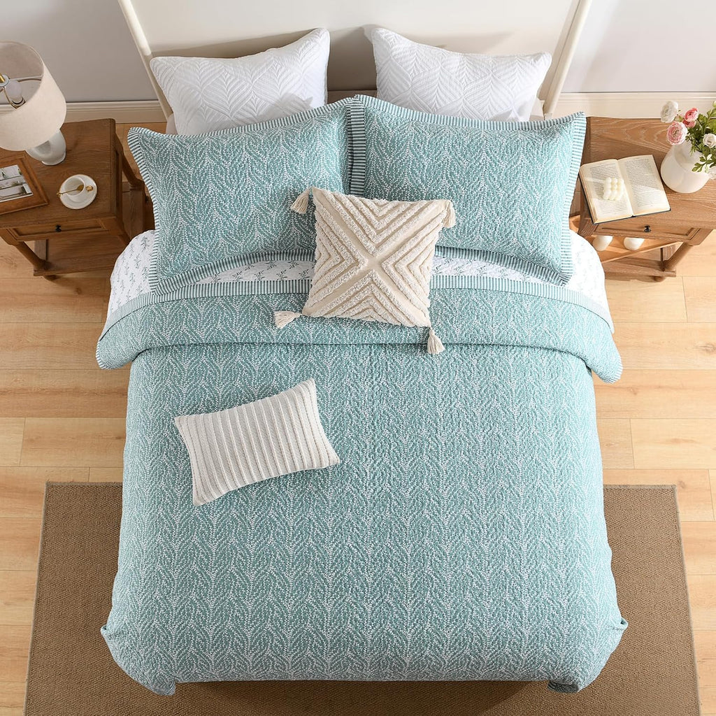SahSahCasa Quilt Set King Size, 100% Cotton Quilt Bedding Set Bedspread, Botanical Pattern Solid Color Chic Lightweight Quilted Comforter for King Bed, White/Teal, All Season, 3 Pieces