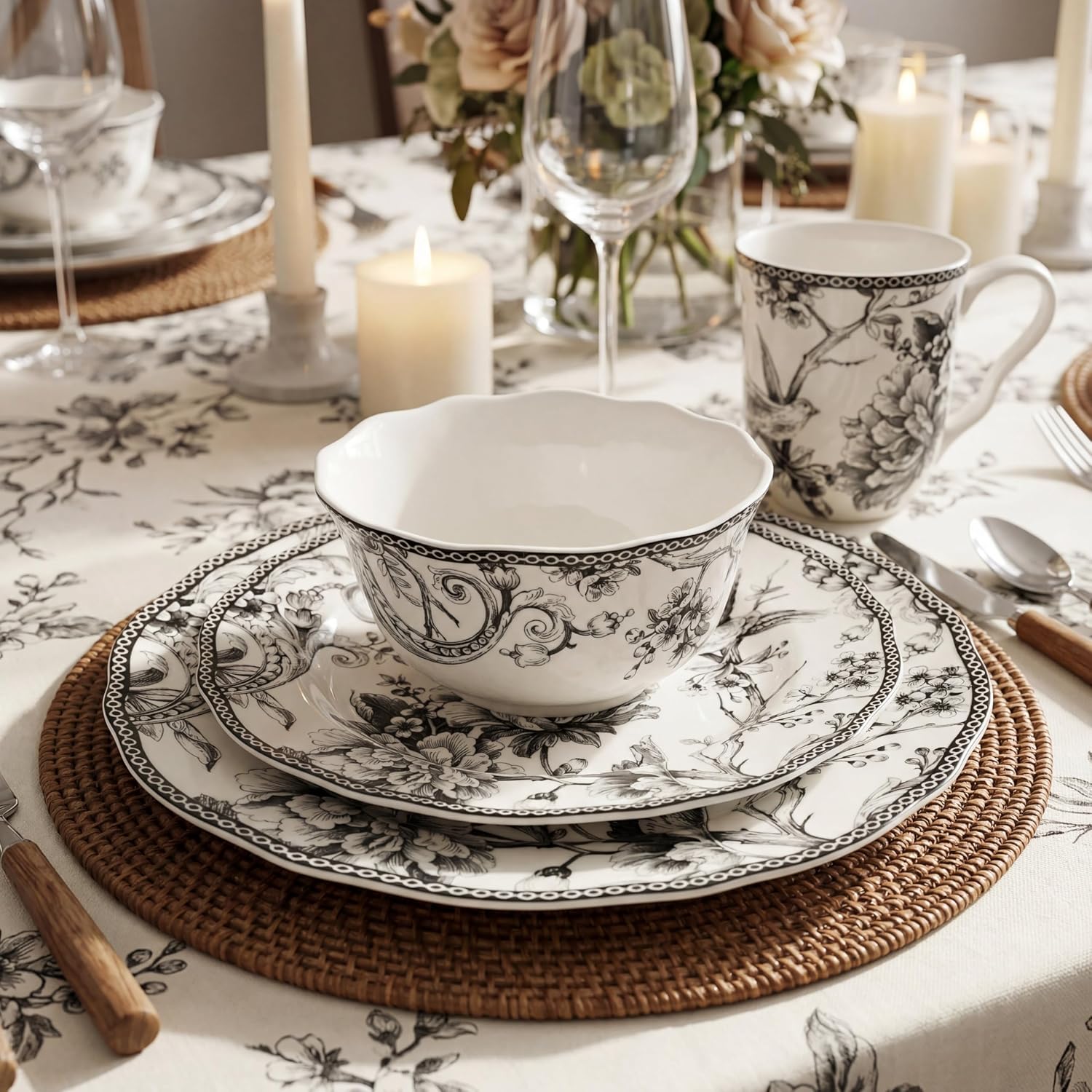 222 Fifth Adelaide 16-Piece Black Porcelain Dinnerware Set – Service for 4, Featuring Hand-Applied Romantic Woodland Bird Design, Everyday Big Dinner Plates and Bowls Sets, Microwave & Dishwasher Safe