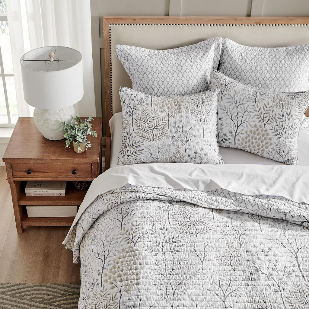 Levtex Home English Forest Natural Reversible Full/Queen Quilt Set (88x92in) and 2 Pillow Shams (26x20in) - Floral - Taupe Grey - Cotton Full/Queen Size Quilt Bedding Set - Lightweight Soft Pre-Washed