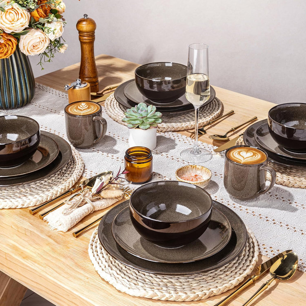 LERATIO Ceramic Dinnerware Sets for 8,Stoneware Plates and Bowls Sets,Handmade Reactive Glaze Dishes Set,Chip Resistant and Scratch Resistant | Oven&Dishwasher & Microwave Safe-Chestnut(24PCS)