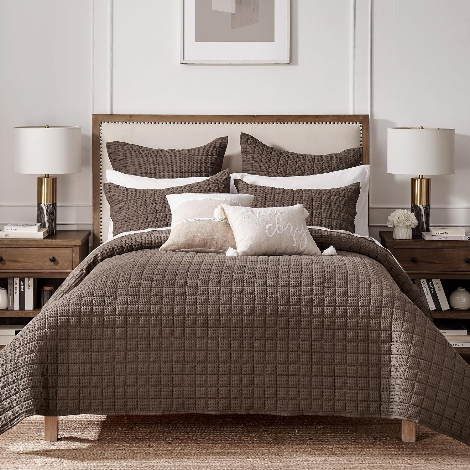 Levtex Home Cloud Waffle Full/Queen Quilt Set (88x92in) and 2 Pillow Shams (26x20in) - Box Quilted Waffle Texture - Cocoa - Cotton Full/Queen Size Quilt Bedding Set - Lightweight Soft Pre-Washed | Textured