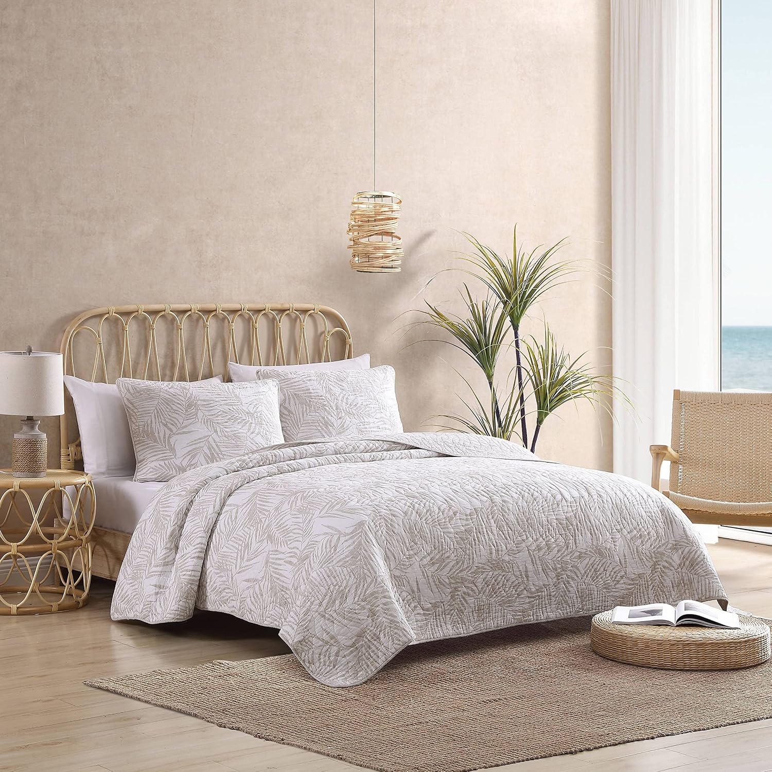 Tommy Bahama - King Quilt Set, Reversible Cotton Bedding with Matching Shams, Tropical Super Soft Bedding Set (Palmday Beige, King)