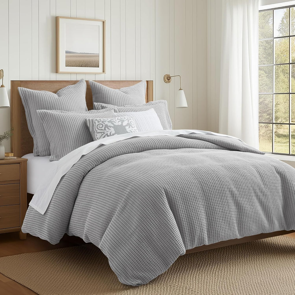 Levtex Home Mills Waffle King Duvet Cover Set (106x94in) with 2 Pillow Shams (36x20in) - Grey Pewter - Cotton King Size Duvet Cover Set - Soft, Pre-Washed