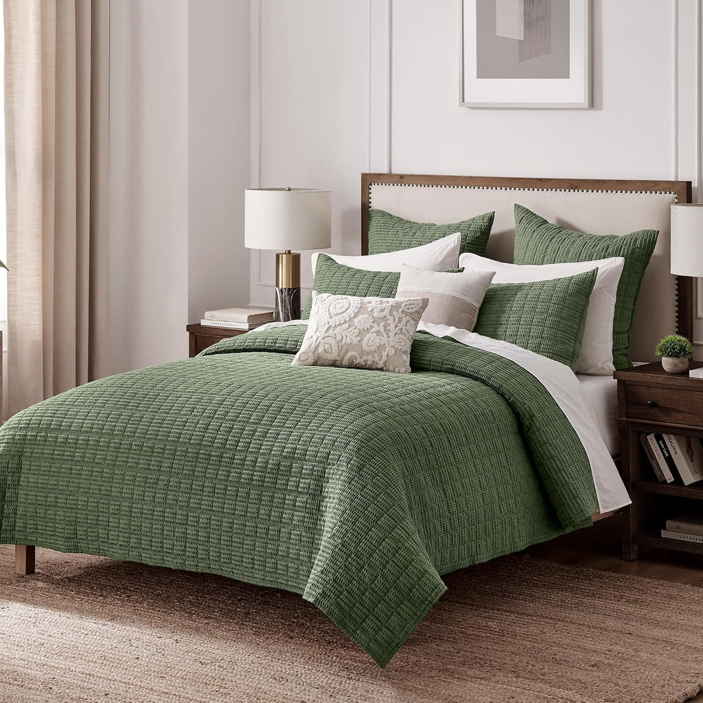 Levtex Home Cloud Waffle Full/Queen Quilt Set (88x92in) and 2 Pillow Shams (26x20in) - Box Quilted Waffle Texture - Forest Green - Cotton Full/Queen Size Quilt Bedding Set - Lightweight Soft | Textured