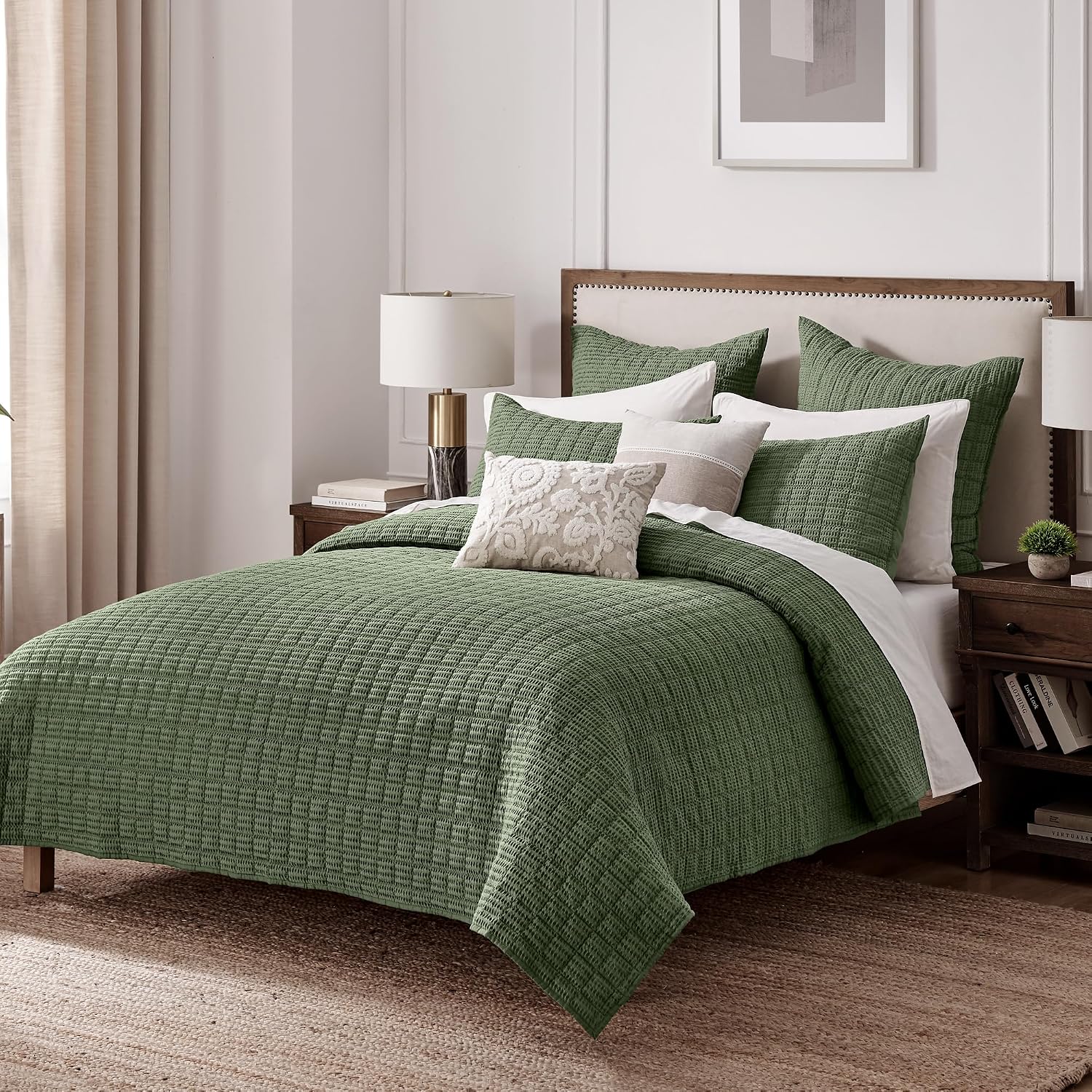 Levtex Home Cloud Waffle Full/Queen Quilt Set (88x92in) and 2 Pillow Shams (26x20in) - Box Quilted Waffle Texture - Forest Green - Cotton Full/Queen Size Quilt Bedding Set - Lightweight Soft | Textured