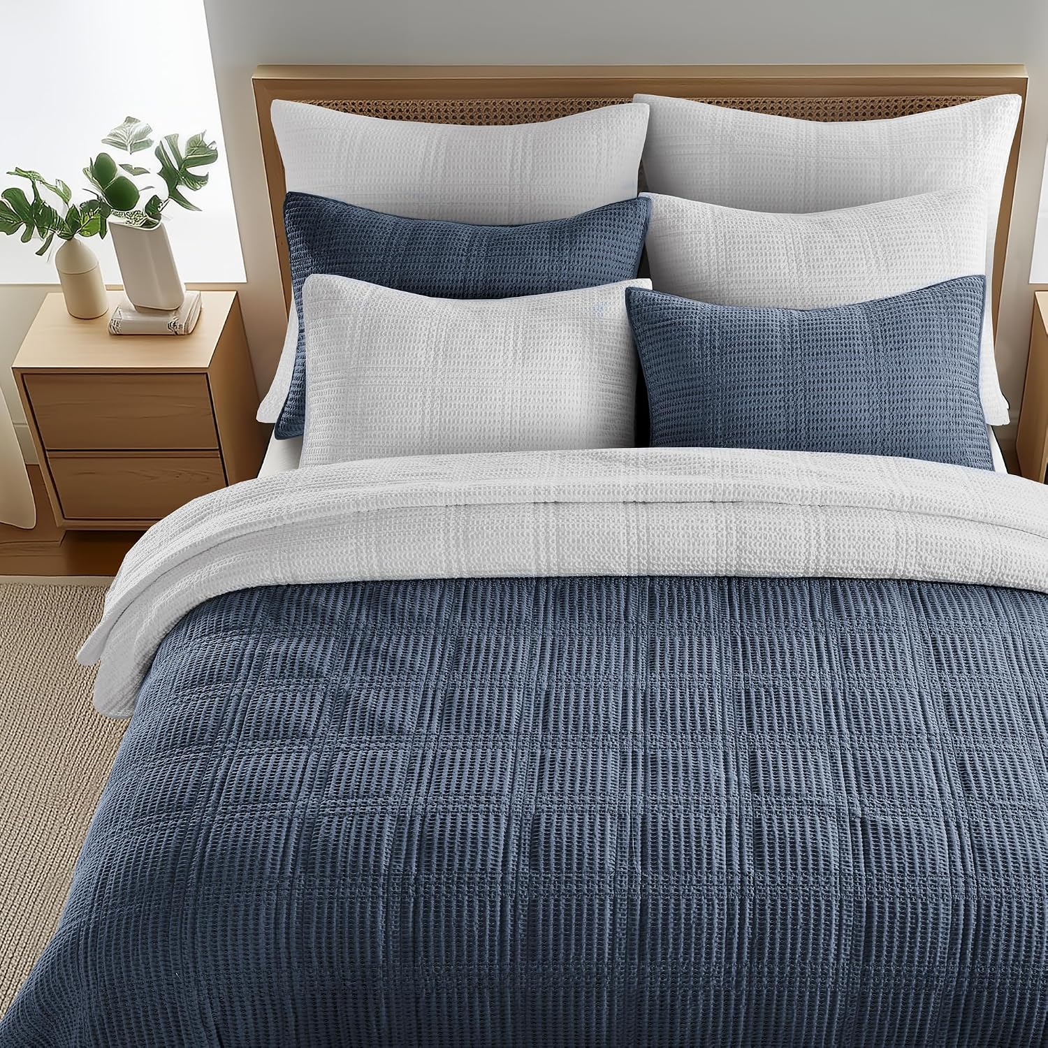 Levtex Home Cloud Waffle Full/Queen Quilt Set (88x92in) and 2 Pillow Shams (26x20in) - Box Quilted Waffle Cotton Texture - Navy - Cotton Full/Queen Size Quilt Bedding Set - Lightweight Soft Pre-Washed
