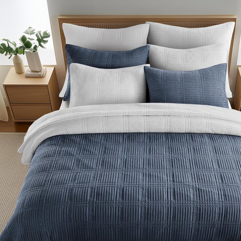 Levtex Home Cloud Waffle King/Cal King Quilt Set (106x92in) and 2 Pillow Shams (36x20in) - Box Quilted Waffle Cotton Texture - Navy - Cotton King Size Quilt Bedding Set - Lightweight Soft Pre-Washed