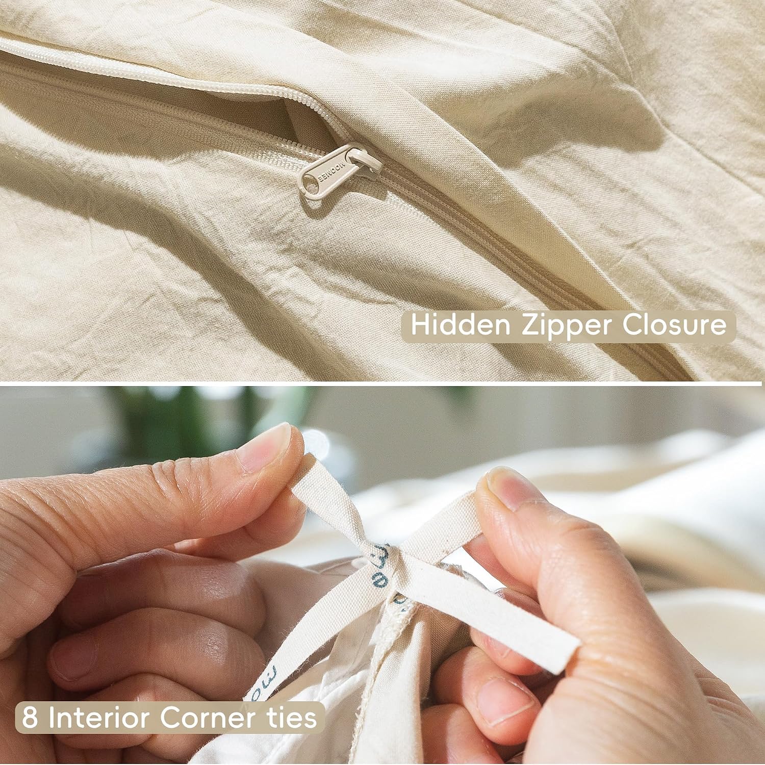 MooMee Bedding Duvet Cover Set 100% Washed Cotton Linen Like Textured Breathable Durable Soft Comfy (Heathered Almond Milk Grey, Oversized King Plus 128'x120')