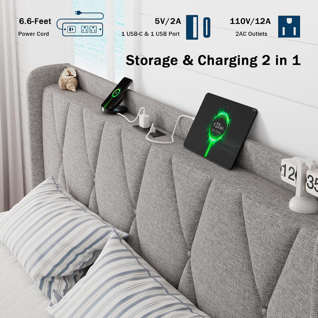 GalnFu King Size Bed Frame with 4 Storage Drawers, Upholstered Platform Bed with Charging Station, Modern Wingback Storage Headboard, Easy Assembly,Noise-Free, Light Gray