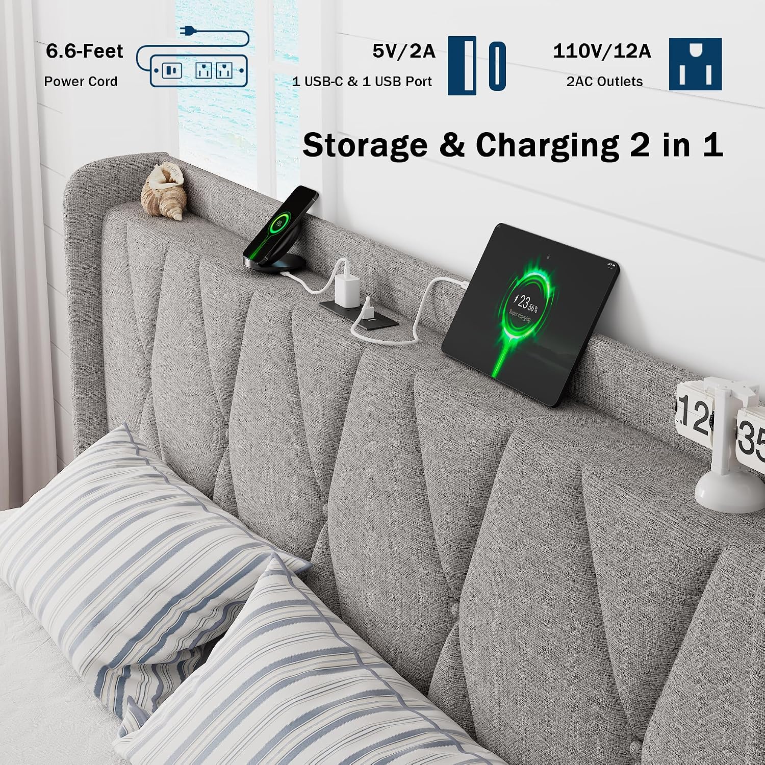 GalnFu King Size Bed Frame with 4 Storage Drawers, Upholstered Platform Bed with Charging Station, Modern Wingback Storage Headboard, Easy Assembly,Noise-Free, Light Gray
