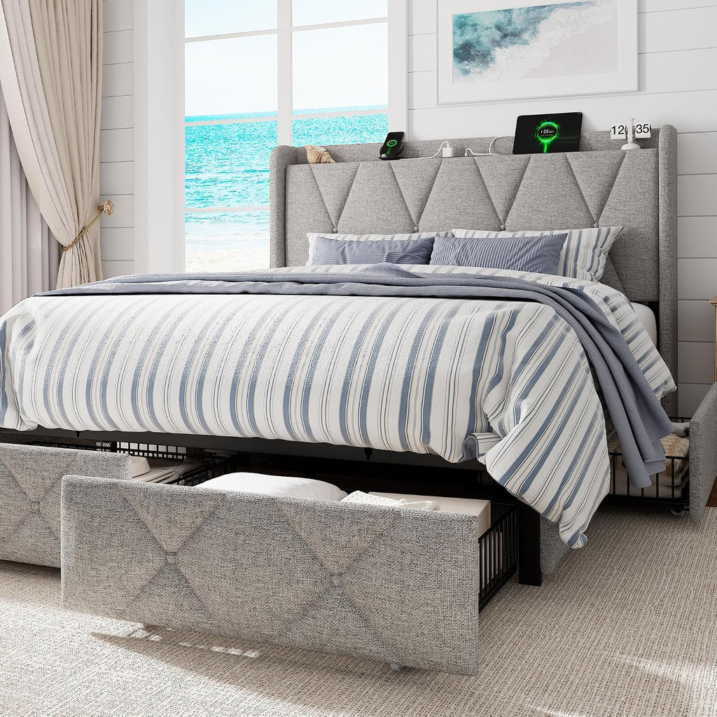 GalnFu Full Size Bed Frame with 4 Storage Drawers, Upholstered Platform Bed with Charging Station, Modern Wingback Storage Headboard, Easy Assembly,Noise-Free, Light Gray