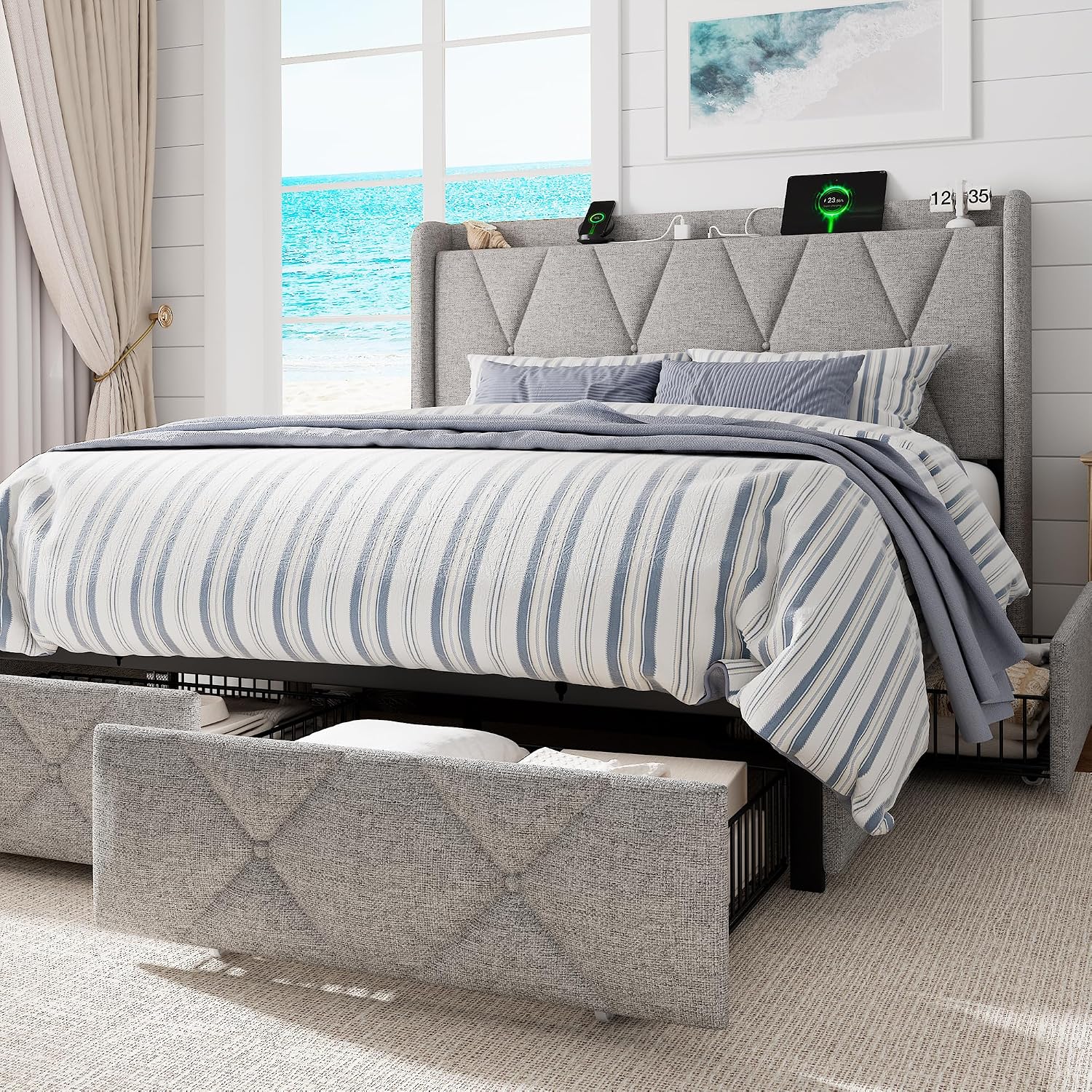 GalnFu Queen Bed Frame with 4 Storage Drawers, Upholstered Platform Bed with Charging Station, Modern Wingback Storage Headboard, Easy Assembly,Noise-Free, Light Gray