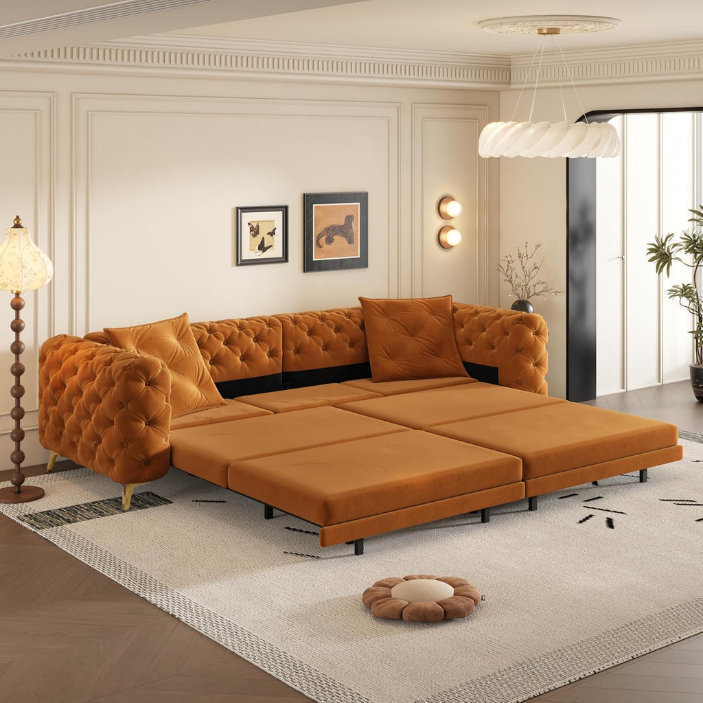 WILLIAMSPACE 97.7' 3-in-1 Convertible Sleeper Sofa Bed, Modern Button Tufted 28.4' Deep Seat Pull Out Couch Bed with Movable Ottoman, Multi-Functional 4-Seater Couch for Living Room, Velvet - Orange