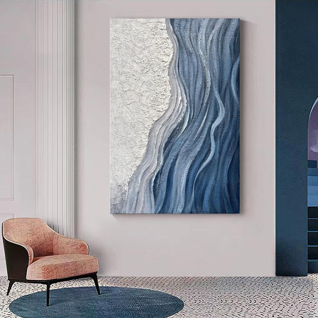 Art Hand-Painted Blue and White Texture Abstract Art Oil Painting Modern Art Oil on Canvas Large Wall Art Deco 45x30 inches