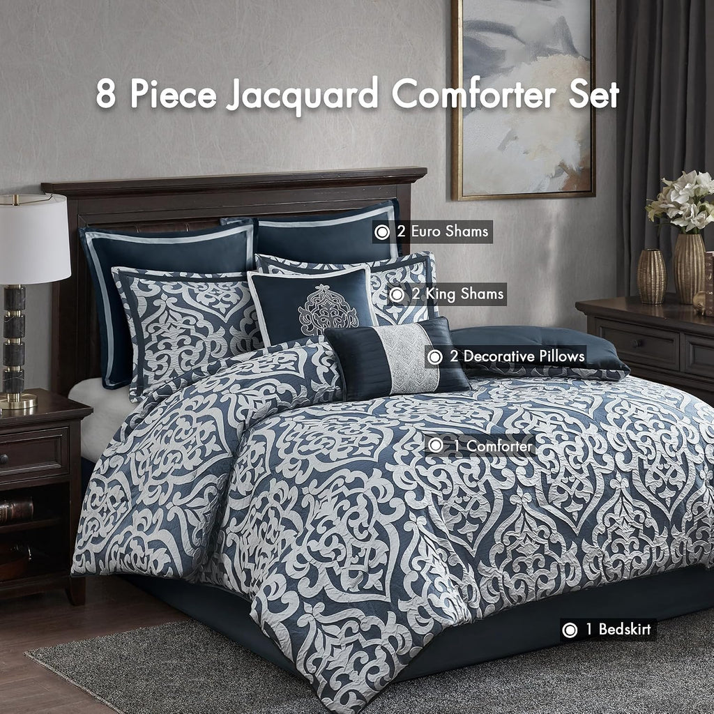 Madison Park Odette Cozy Comforter Set Jacquard Damask Medallion Design - Modern All Season, Down Alternative Bedding, Shams, Decorative Pillows, Cal King(104 in x 92 in), Navy 8 Piece