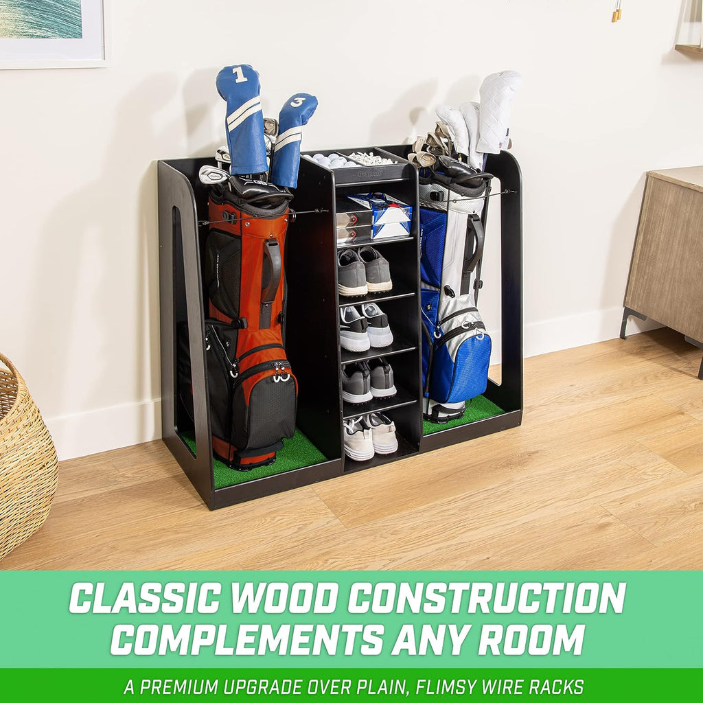 GoSports Premium Wooden Golf Bag Organizer and Storage Rack - Black, White or Brown Finish - Holds 2 Golf Bags
