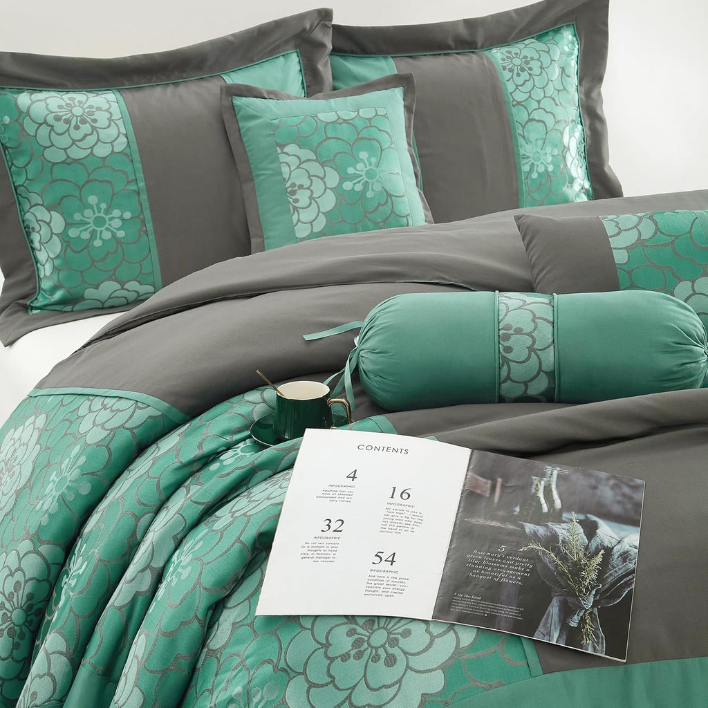 Grand Avenue Aqua Grey Comforter Set Queen Size, 7 Piece Jacquard Soft Bedding Set, All Season, Bedskirt, Pillows & Shams