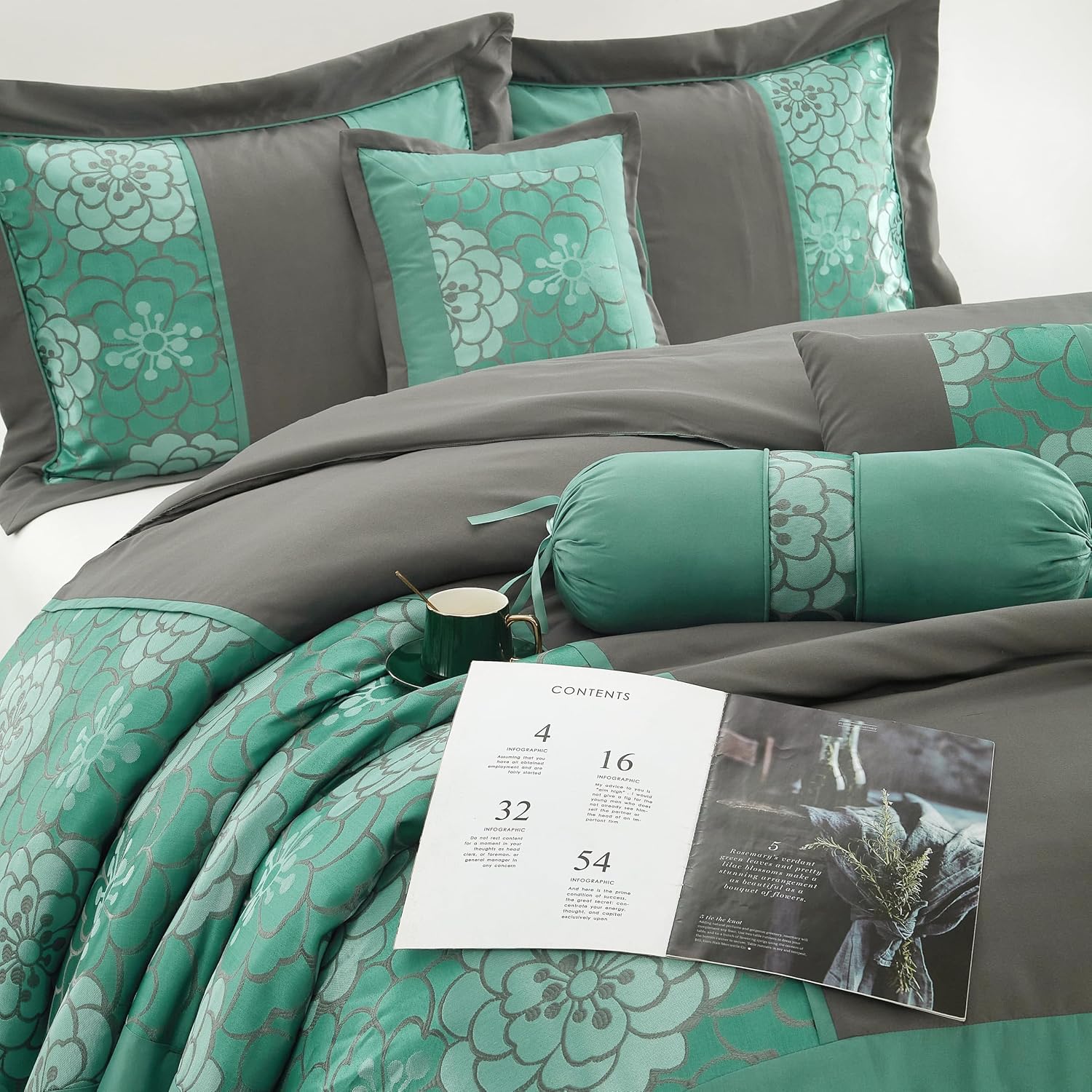 Grand Avenue Aqua Grey Comforter Set Queen Size, 7 Piece Jacquard Soft Bedding Set, All Season, Bedskirt, Pillows & Shams