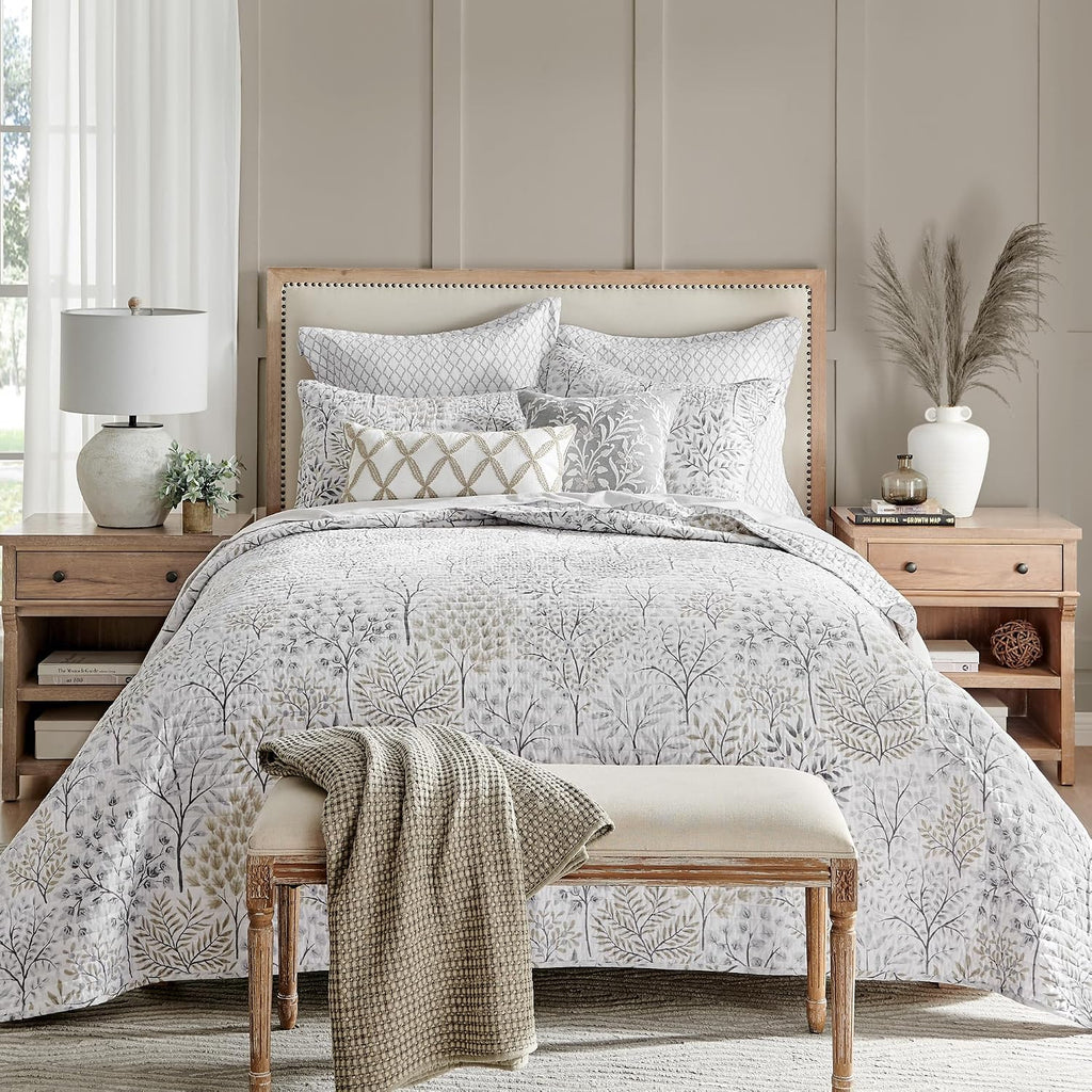 Levtex Home English Forest Natural Reversible Full/Queen Quilt Set (88x92in) and 2 Pillow Shams (26x20in) - Floral - Taupe Grey - Cotton Full/Queen Size Quilt Bedding Set - Lightweight Soft Pre-Washed