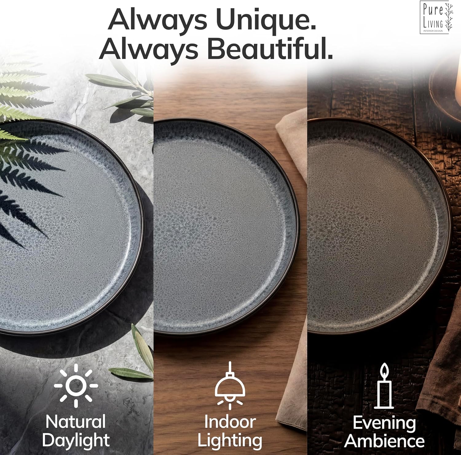 Stoneware dinnerware set 8 persons 24 pcs - Dishwasher, microwave and scratch resistant - Bowl and plate set 8 persons modern - Dinner service Pure Living black in gray…