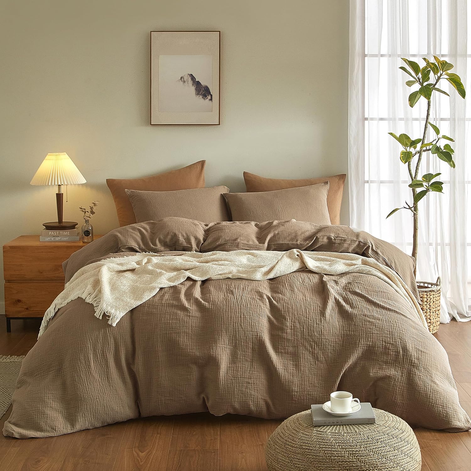 SE SOFTEXLY Muslin Duvet Cover Oversized King Size, 100% Washed Cotton Duvet Cover Set, Ultra Soft Comforter Cover Linen Like, 3 Pieces Gauze Duvet Cover with 2 Pillowcases, 98'x120', Light Brown