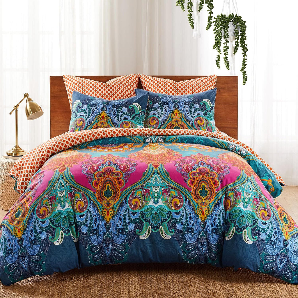 Levtex Home - Mackenzie Duvet Cover Set - Full/Queen Duvet Cover + Two Standard Pillow Cases - Bohemian - Teal, Orange, Yellow, Green, Blue - Duvet Cover (90x94in) and Pillow Case (26x20in) - Cotton