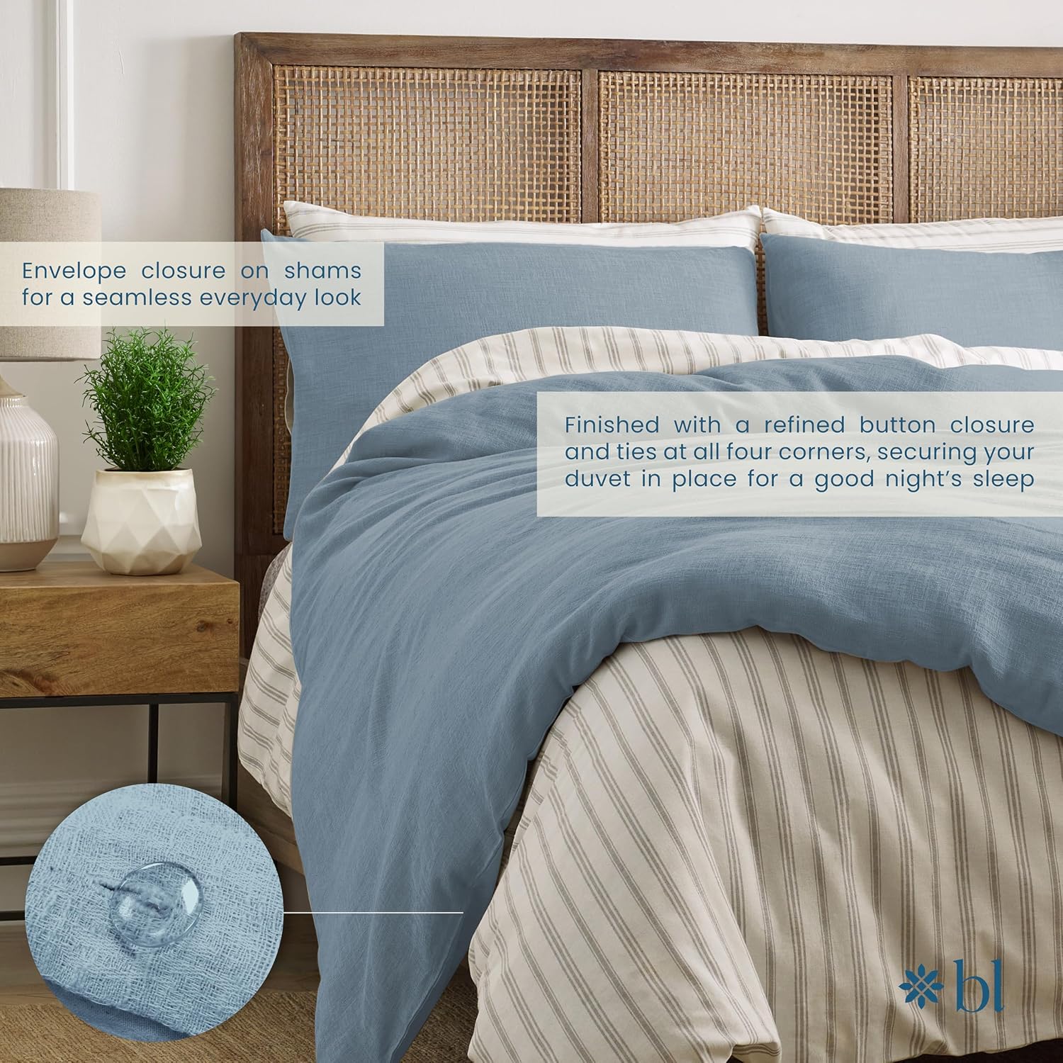 Blue Loom Duvet 100% Cotton Set, 3 Piece, Stone Washed Duvet Set Full/Queen Size 92' x 90' with 2 Matching Pillow Shams, Comforter Not Included, Vivie - Denim Blue