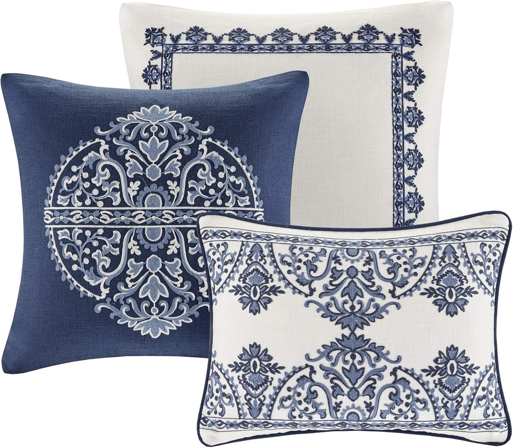 Madison Park Signature Cozy Comforter Set - All Season Bedding Combo Filled Insert and Removable Duvet Cover, Shams, Decorative Pillows, Queen (92 in x 96 in), Bohemian Blue 9 Piece
