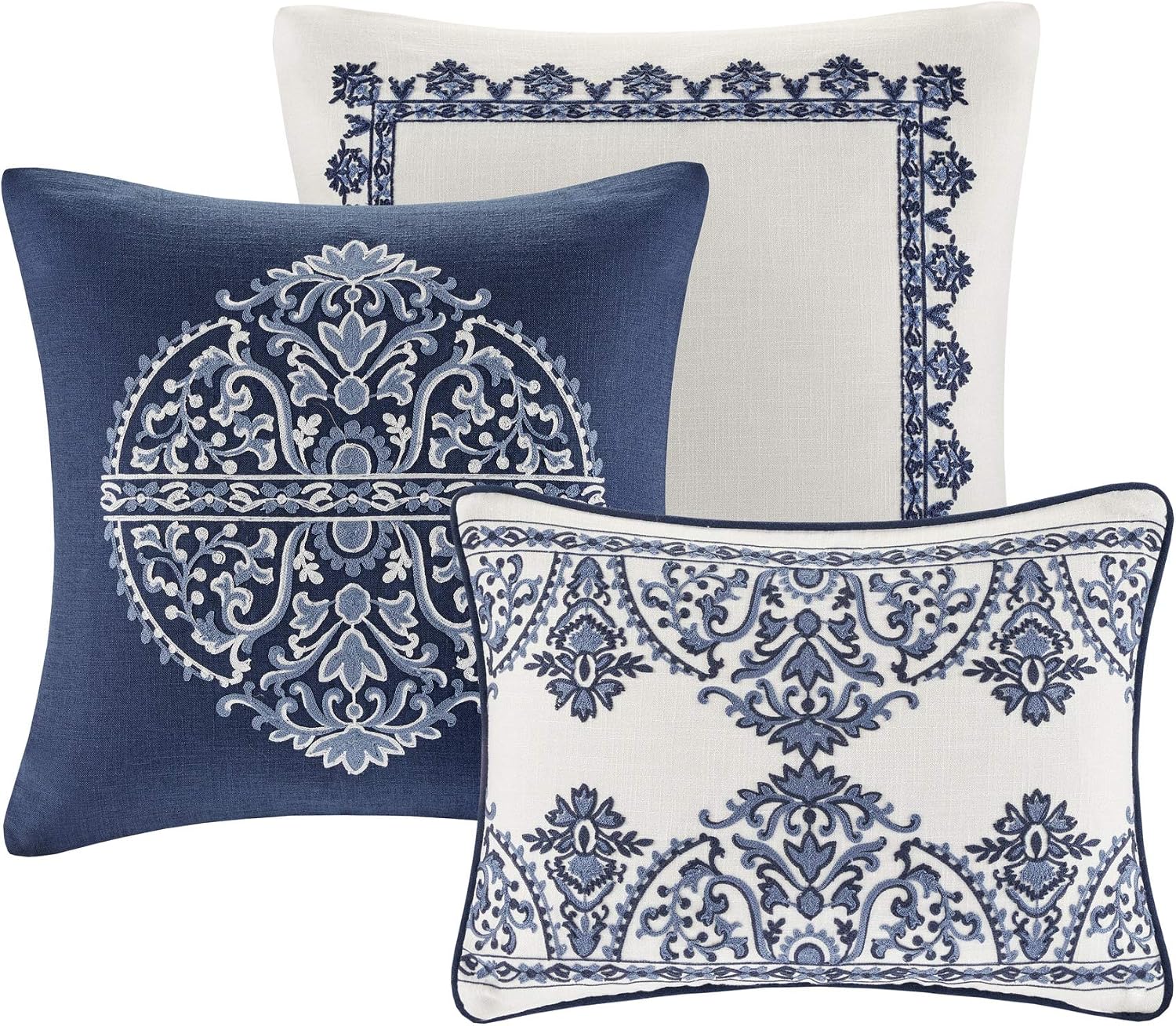 Madison Park Signature Cozy Comforter Set - All Season Bedding Combo Filled Insert and Removable Duvet Cover, Shams, Decorative Pillows, Queen (92 in x 96 in), Bohemian Blue 9 Piece
