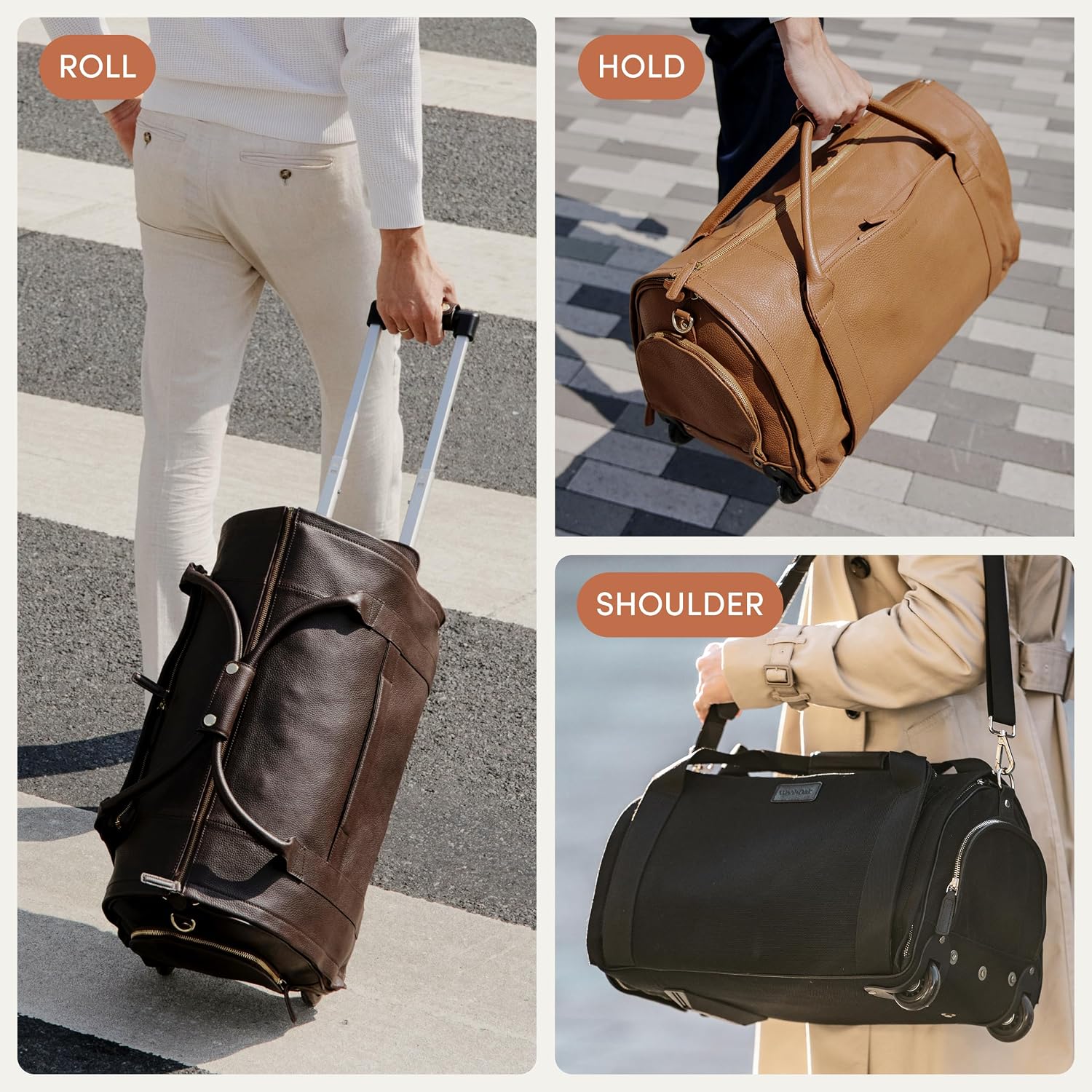 Wool & Oak - NOVA Large Duffle Bag with Wheels - Carry On Garment Duffle Bags for Travel, Overnight, Hospital - Travel Bags for Women & Men with Shoe Compartment & Tech Pocket (Leather, Sand)