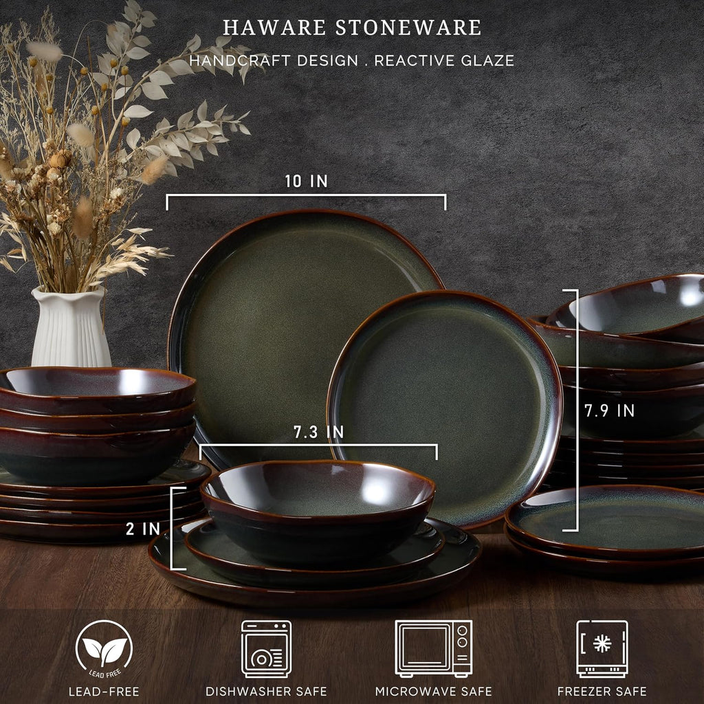HaWare Dinnerware Sets, 24-Piece Stoneware Plates and Bowls Set, Dish Set for 8, Ceramic Dishware for Home Restaurant, Chip and Scratch Resistant, Microwave and Dishwasher Safe, Reactive Moss Green